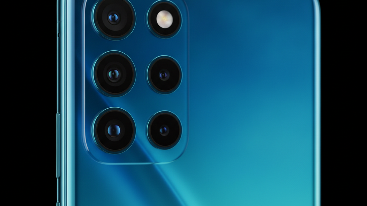 Quad camera module close-up showing four lenses arranged vertically on a smartphone back panel