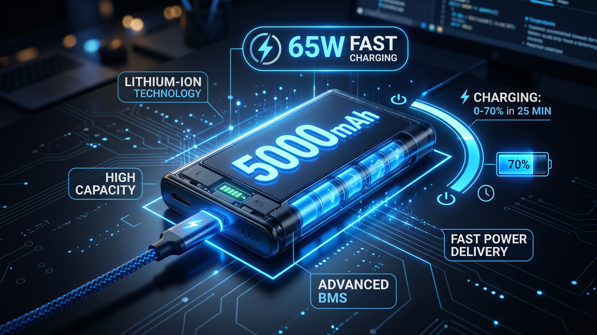 Smartphone battery and fast charging concept showing glowing blue energy cell