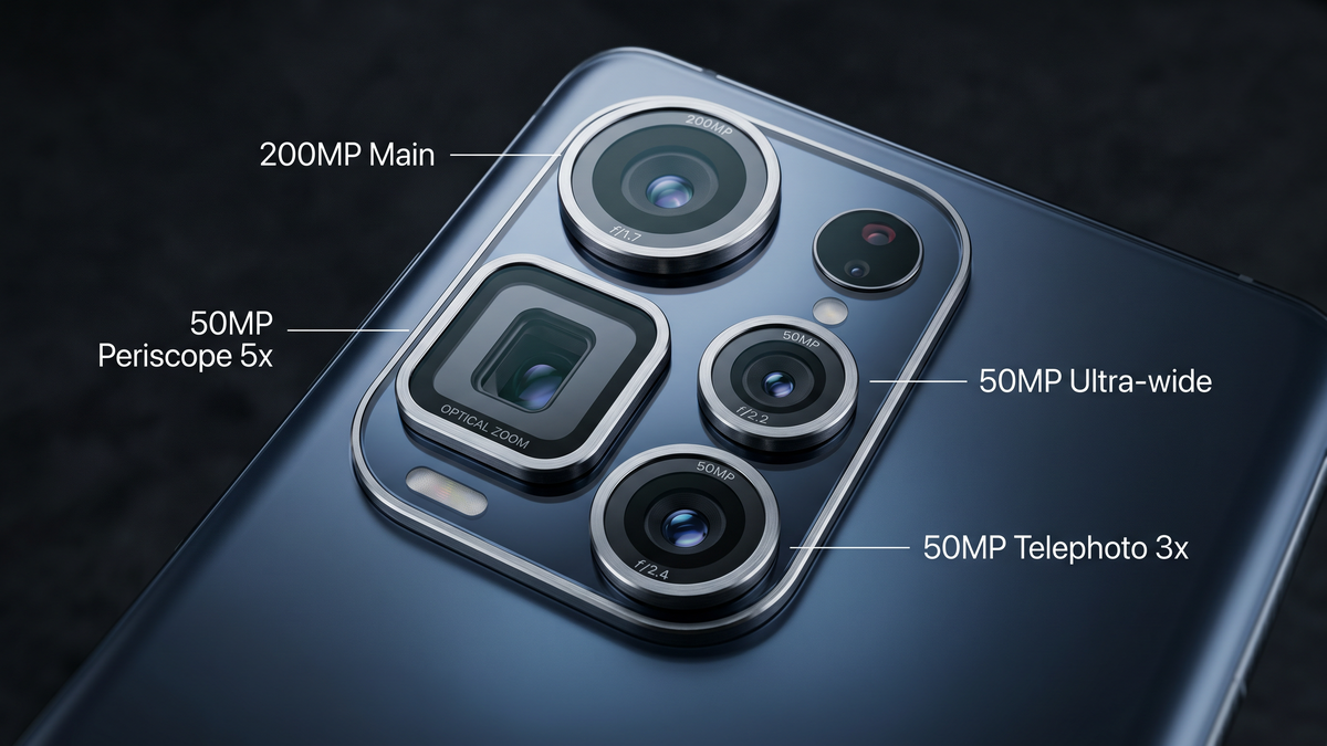 Quad camera module close-up showing four lenses on a smartphone back panel