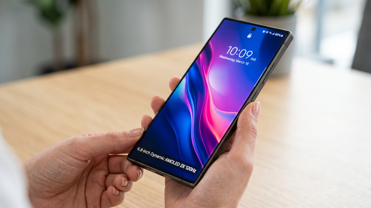 Samsung Galaxy S26 Ultra display showing vibrant colors on a 120Hz AMOLED panel