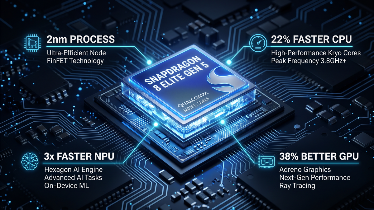 Snapdragon 8 Elite Gen 5 processor concept showing glowing blue chip